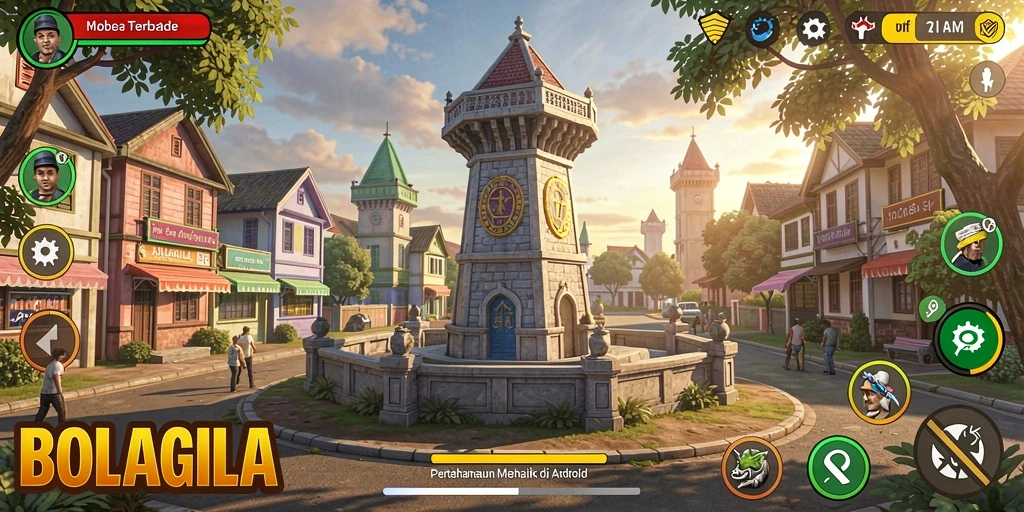 Tampilan gameplay BOLAGILA menampilkan menara dan musuh dalam aksi Tower Defense.