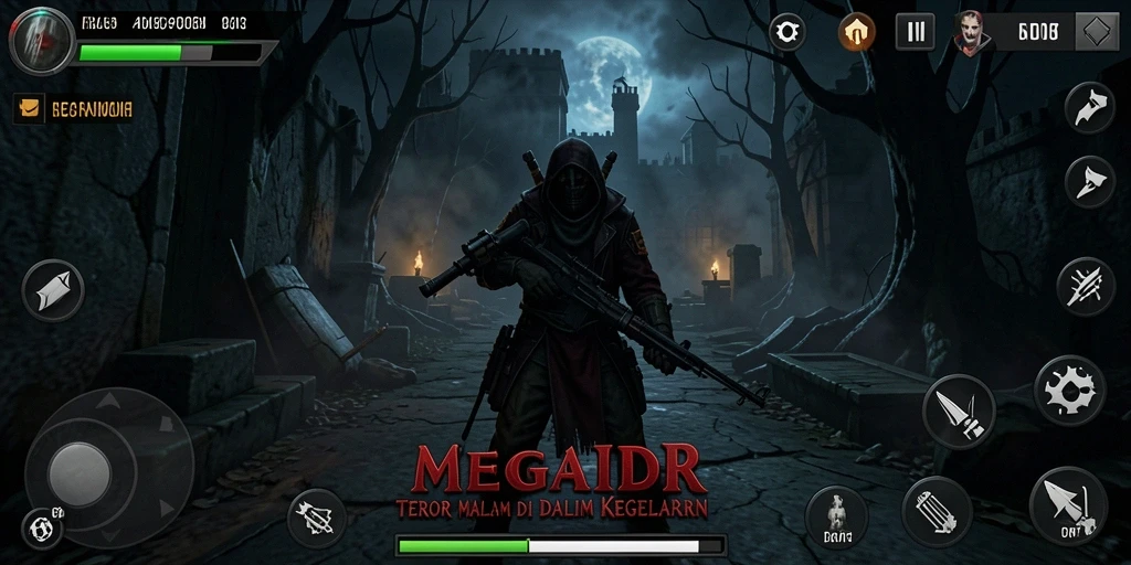 Screenshot gameplay MEGAIDR menampilkan suasana mencekam dan elemen horor yang menonjol.
