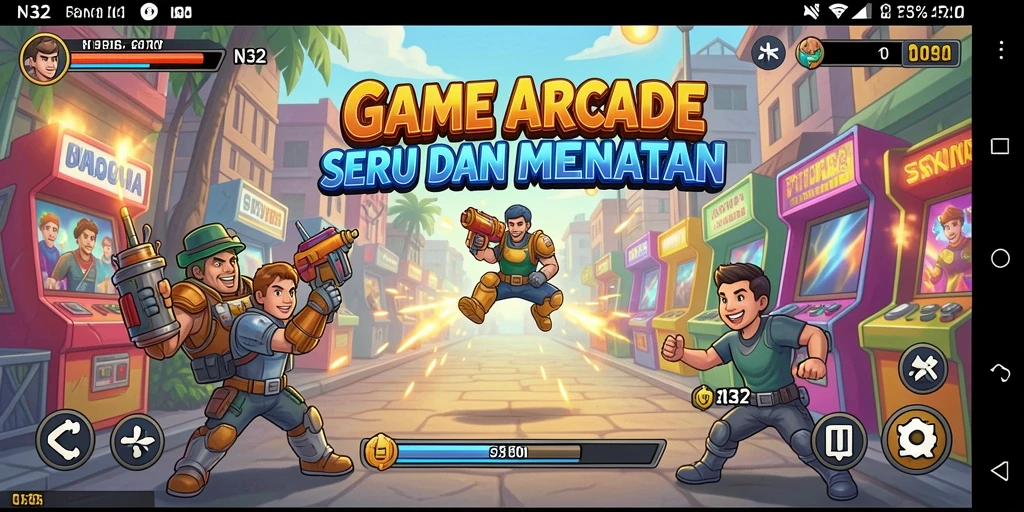 Screenshot utama N32 menampilkan aksi seru dalam gameplay Arcade.