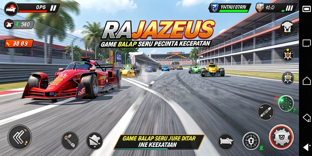 Gameplay seru di RAJAZEUS dengan mobil balap cepat dan trek menantang.